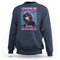 Anime graphic sweatshirt, navy blue with front character and “TO BE HERE” text.