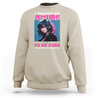 Anime graphic sweatshirt, sand beige with front character and “TO BE HERE” text.