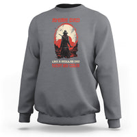 Charcoal gray crewneck anime graphic sweatshirt with samurai figure and red slogan print