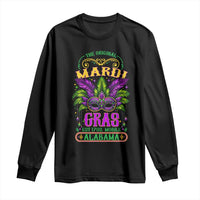 Black long-sleeve shirt with colorful Mardi Gras graphic and floral ornament logo