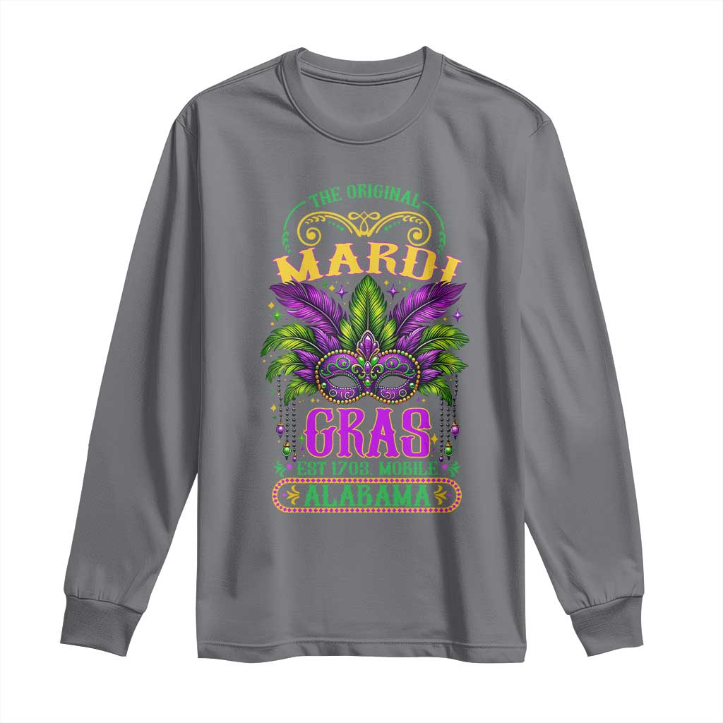 Charcoal gray long-sleeve shirt with colorful Mardi Gras graphic and floral ornament logo