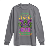 Charcoal gray long-sleeve shirt with colorful Mardi Gras graphic and floral ornament logo