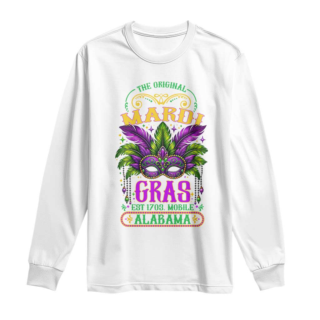 White long-sleeve shirt with colorful Mardi Gras graphic and floral ornament logo