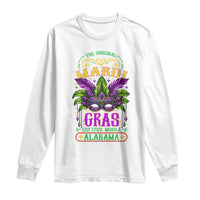 White long-sleeve shirt with colorful Mardi Gras graphic and floral ornament logo