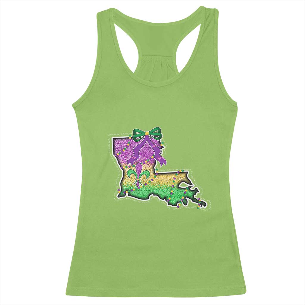 Lime green racerback tank top with front graphic map and bow in purple, green, and gold.