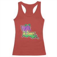Red racerback tank top with front graphic map and bow in purple, green, and gold.