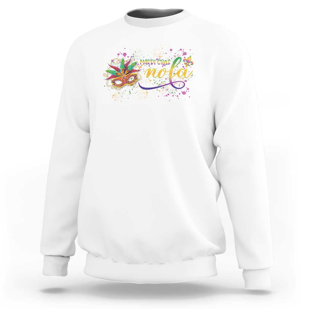 White crewneck sweatshirt with colorful Mardi Gras mask and “nola” graphic on chest