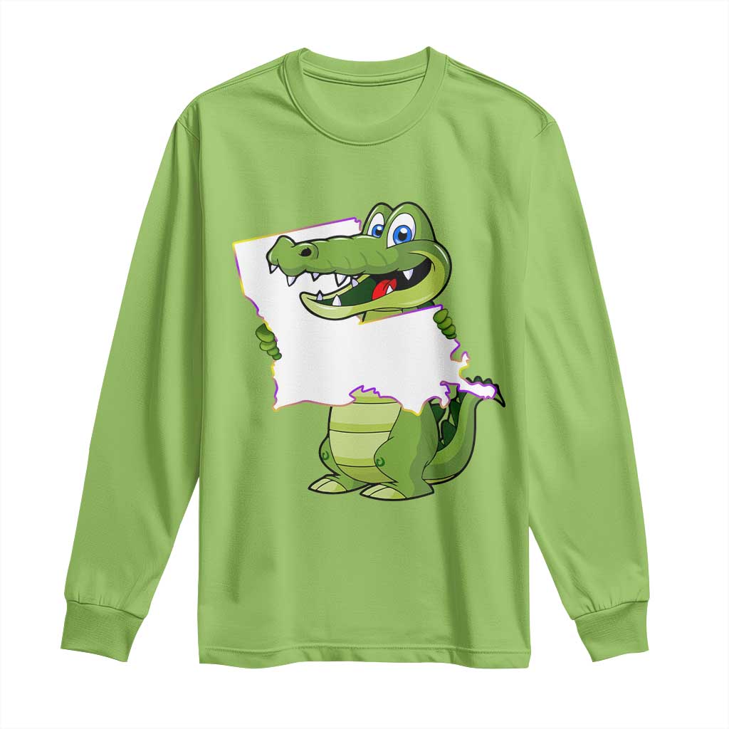 Lime green long-sleeve T-shirt with green alligator graphic and Louisiana outline print