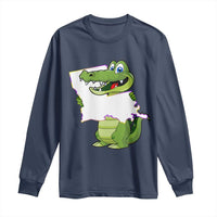 Navy long-sleeve T-shirt with green alligator graphic and Louisiana outline print