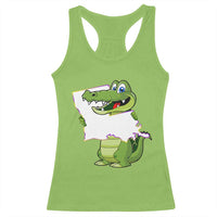 Lime green racerback tank top with cartoon alligator graphic