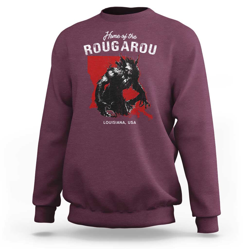 Maroon crewneck sweatshirt with Rougarou cryptid graphic on back