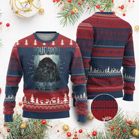 Festive knitted sweatshirt in burgundy and navy with rougarou front graphic