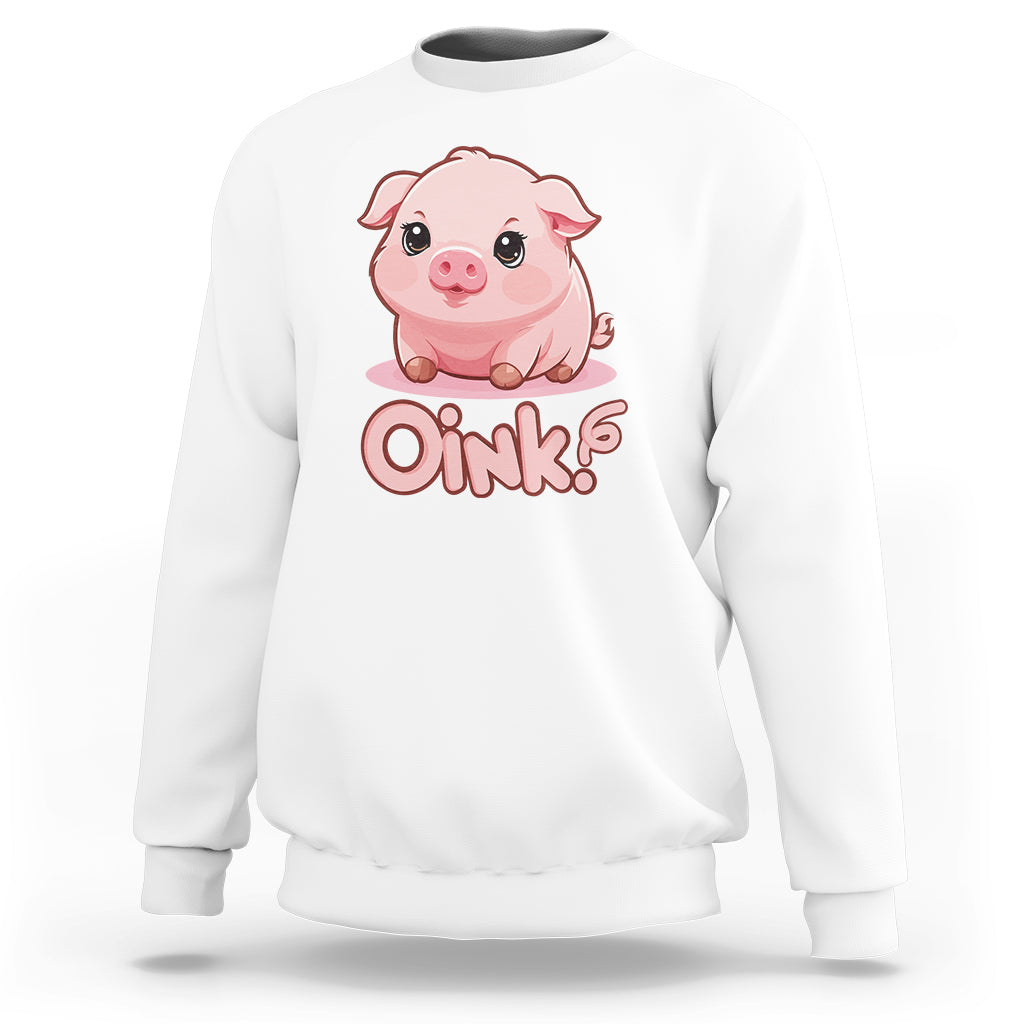 White pig sweatshirt with cute pig graphic and Oink! print