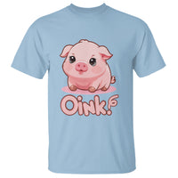 Light blue pig-themed T-shirt with cute cartoon pig and 'OINK!' graphic at center.