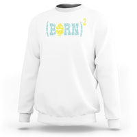 White sweatshirt with colorful blue-and-yellow graphic print on the chest