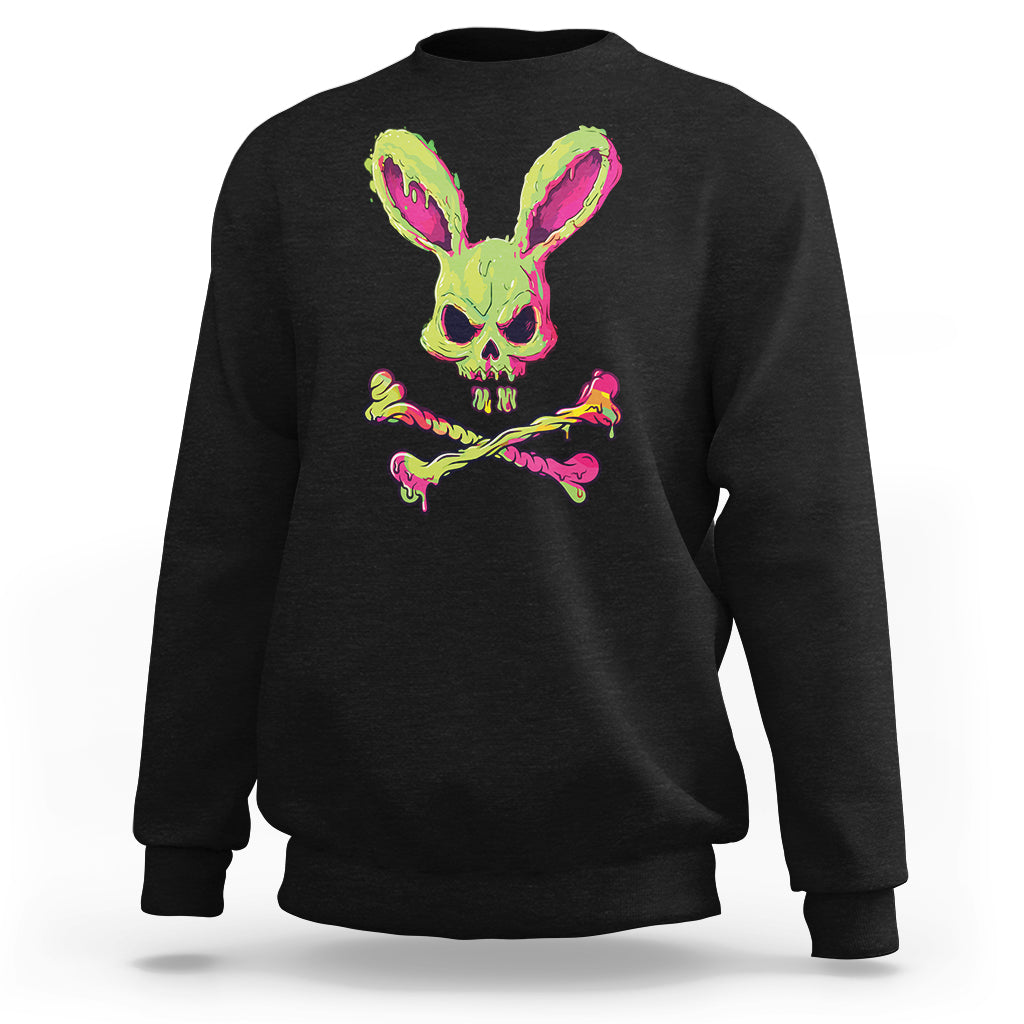 Black sweatshirt with colorful bunny skull and cross-bone graphic