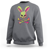 Charcoal gray sweatshirt with colorful bunny skull and cross-bone graphic