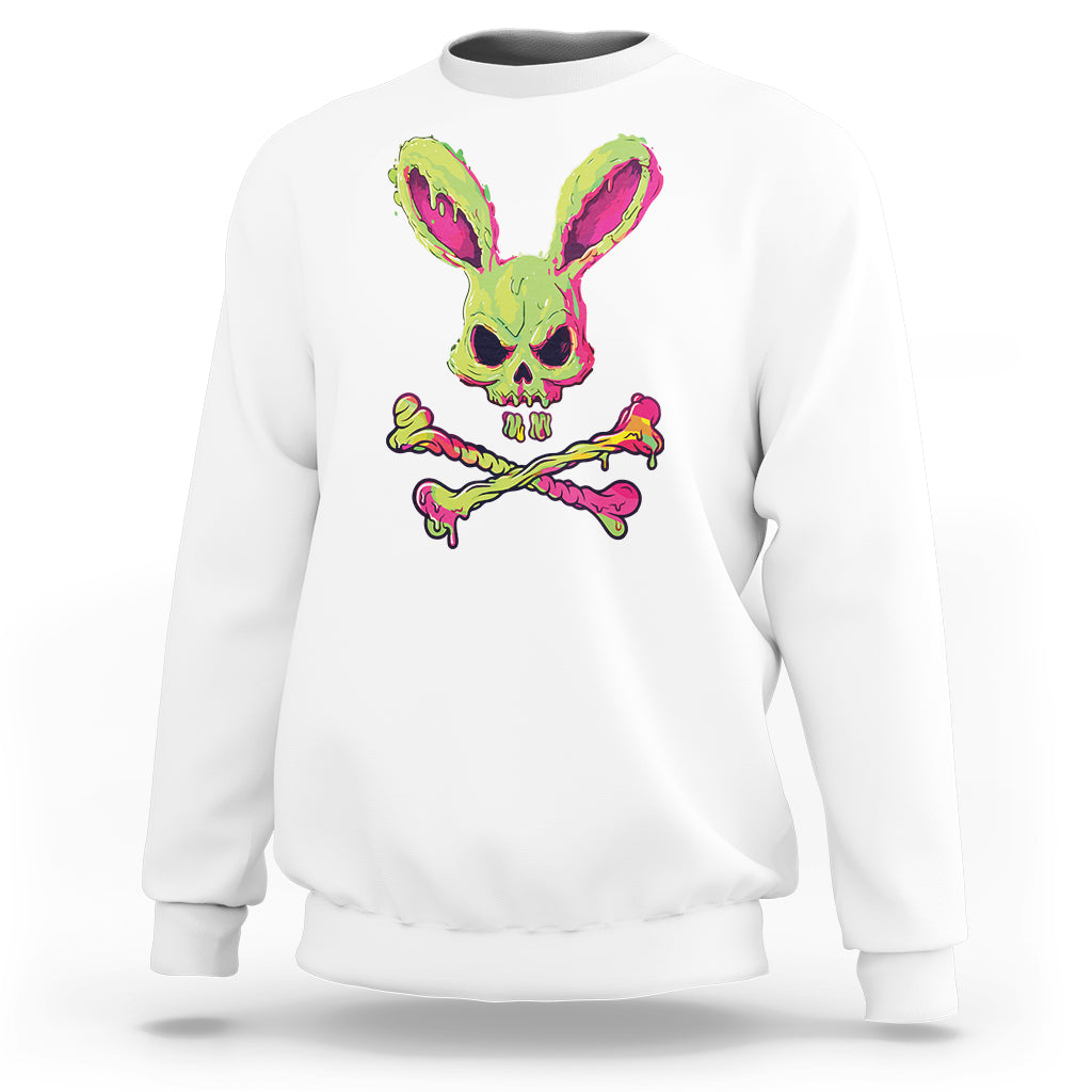 White sweatshirt with colorful bunny skull and cross-bone graphic