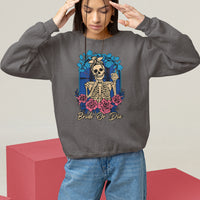 Charcoal gray sweatshirt with front skeleton graphic and blue/pink floral wreath print, crew neck