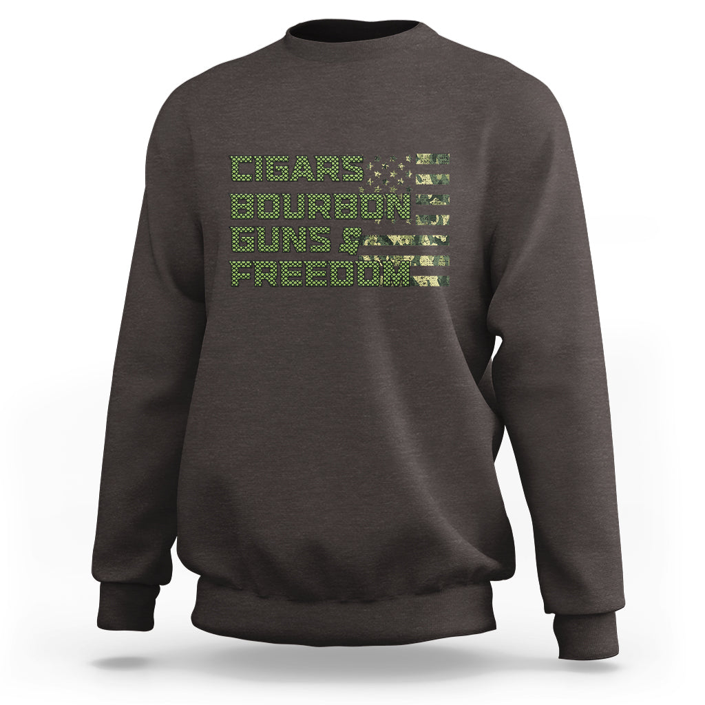 Dark brown crewneck sweatshirt with stacked pixel-style text graphic on the chest.