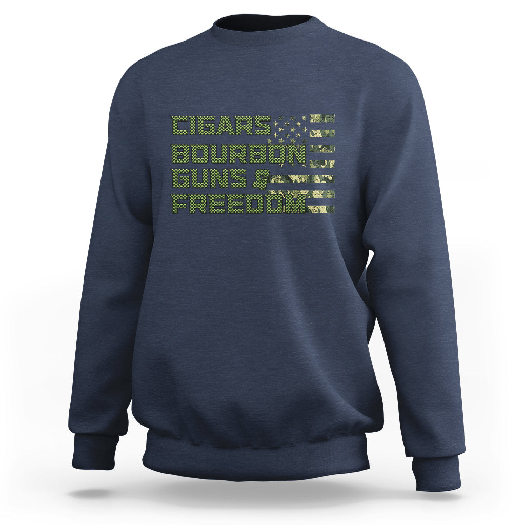 Blue crewneck sweatshirt with stacked pixel-style text graphic on the chest.