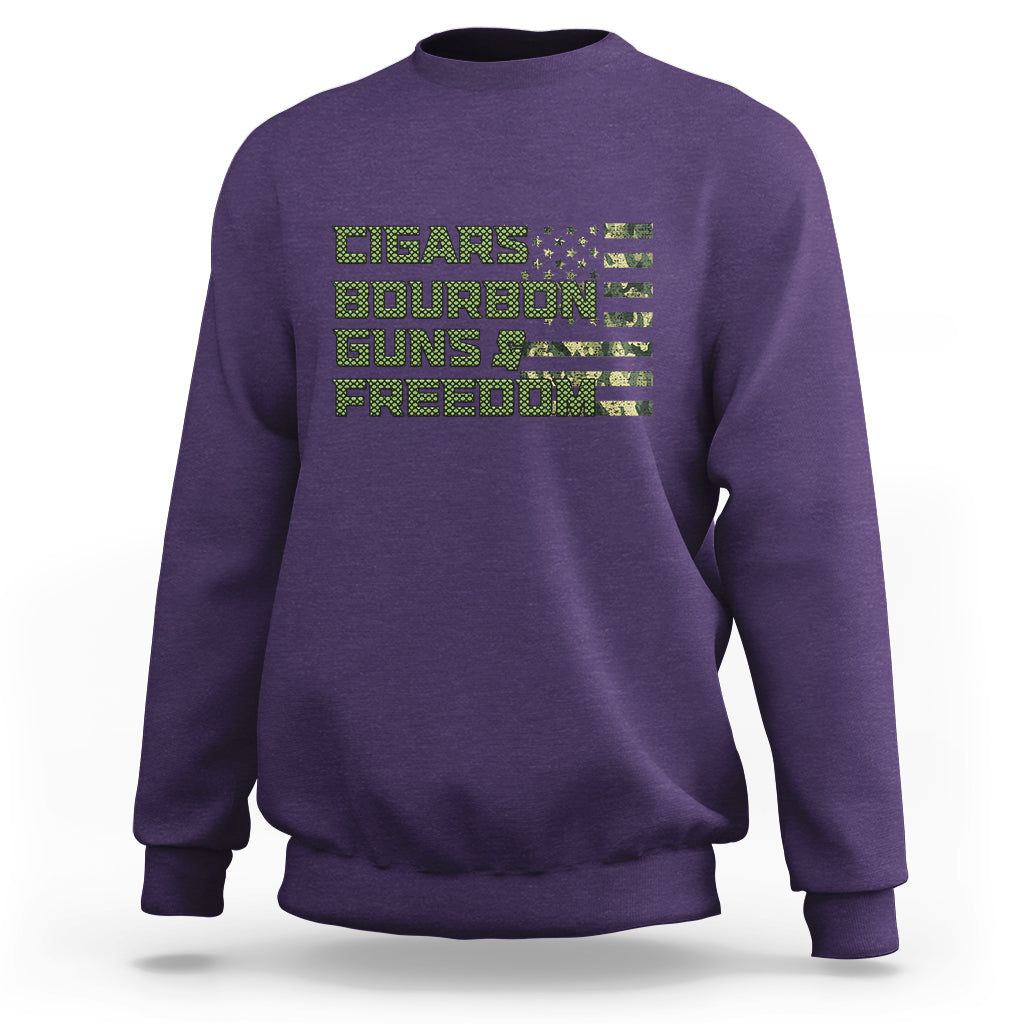 Purple crewneck sweatshirt with stacked pixel-style text graphic on the chest.