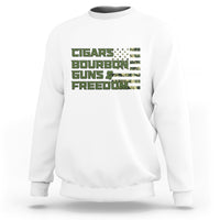 White crewneck sweatshirt with stacked pixel-style text graphic on the chest.