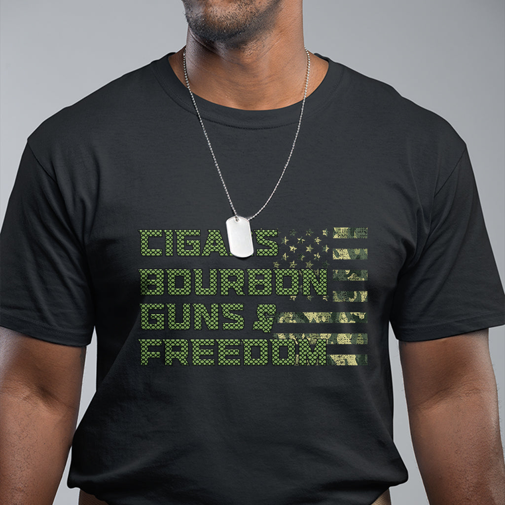 Black graphic T-shirt with green patriotic text and stars in striped layout