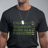 Black graphic T-shirt with green patriotic text and stars in striped layout