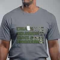 Dark gray graphic T-shirt with green patriotic text and stars in striped layout