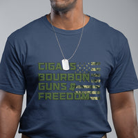 Navy graphic T-shirt with green patriotic text and stars in striped layout