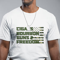 White graphic T-shirt with green patriotic text and stars in striped layout
