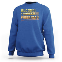 Royal blue crewneck sweatshirt with Alcohol Tobacco Firearms front graphic.