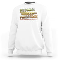White crewneck sweatshirt with Alcohol Tobacco Firearms front graphic.