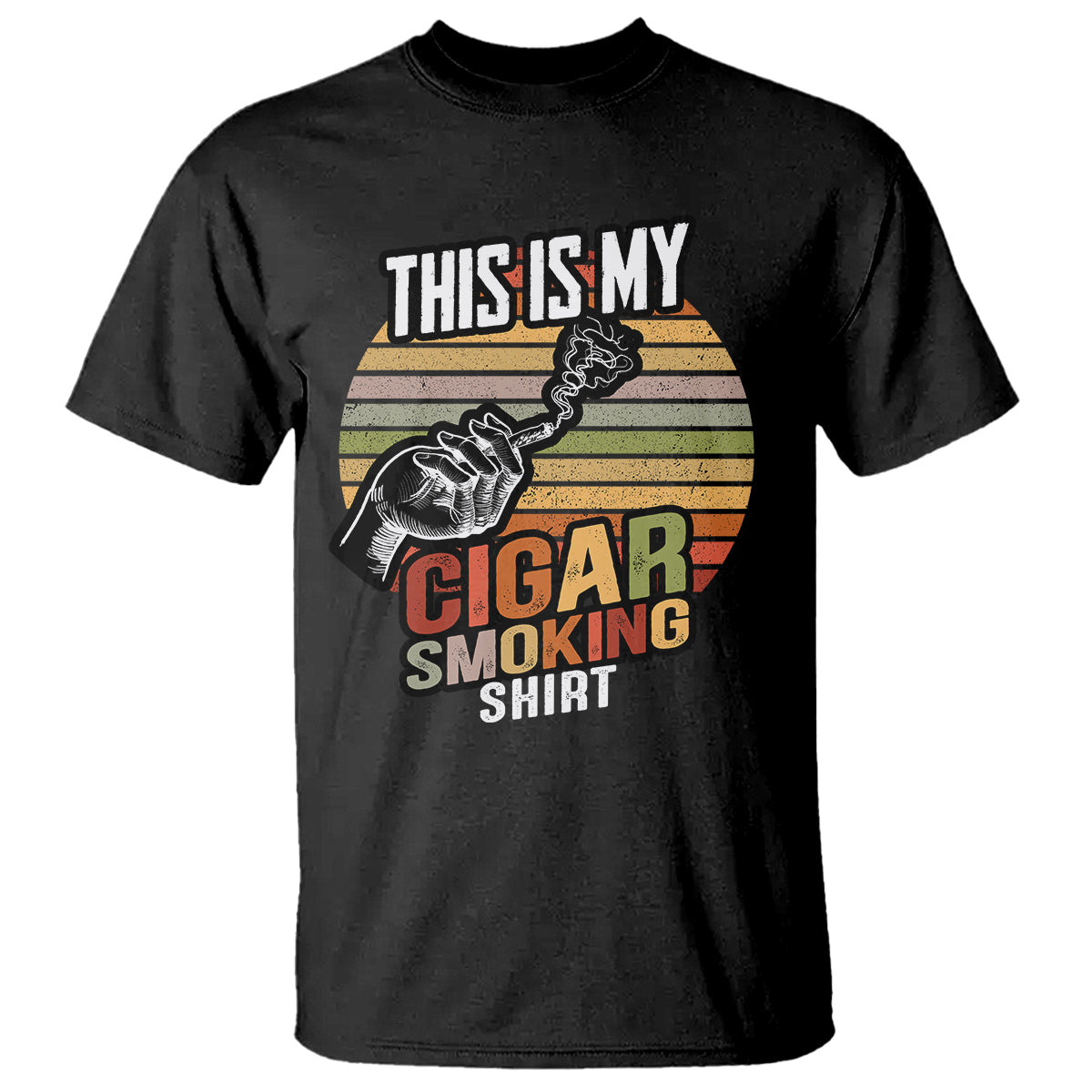 Black graphic cigar smoking slogan T-shirt, crew neck short sleeve