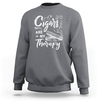 Charcoal gray sweatshirt with white cigar slogan graphic on chest