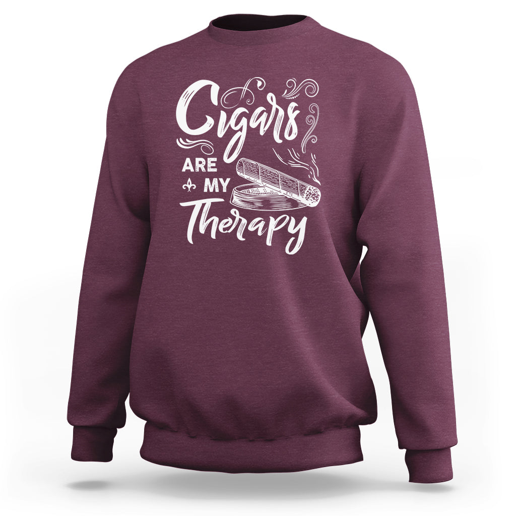 Maroon sweatshirt with white "Cigars are my Therapy" cigar graphic on chest