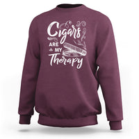 Maroon sweatshirt with white "Cigars are my Therapy" cigar graphic on chest