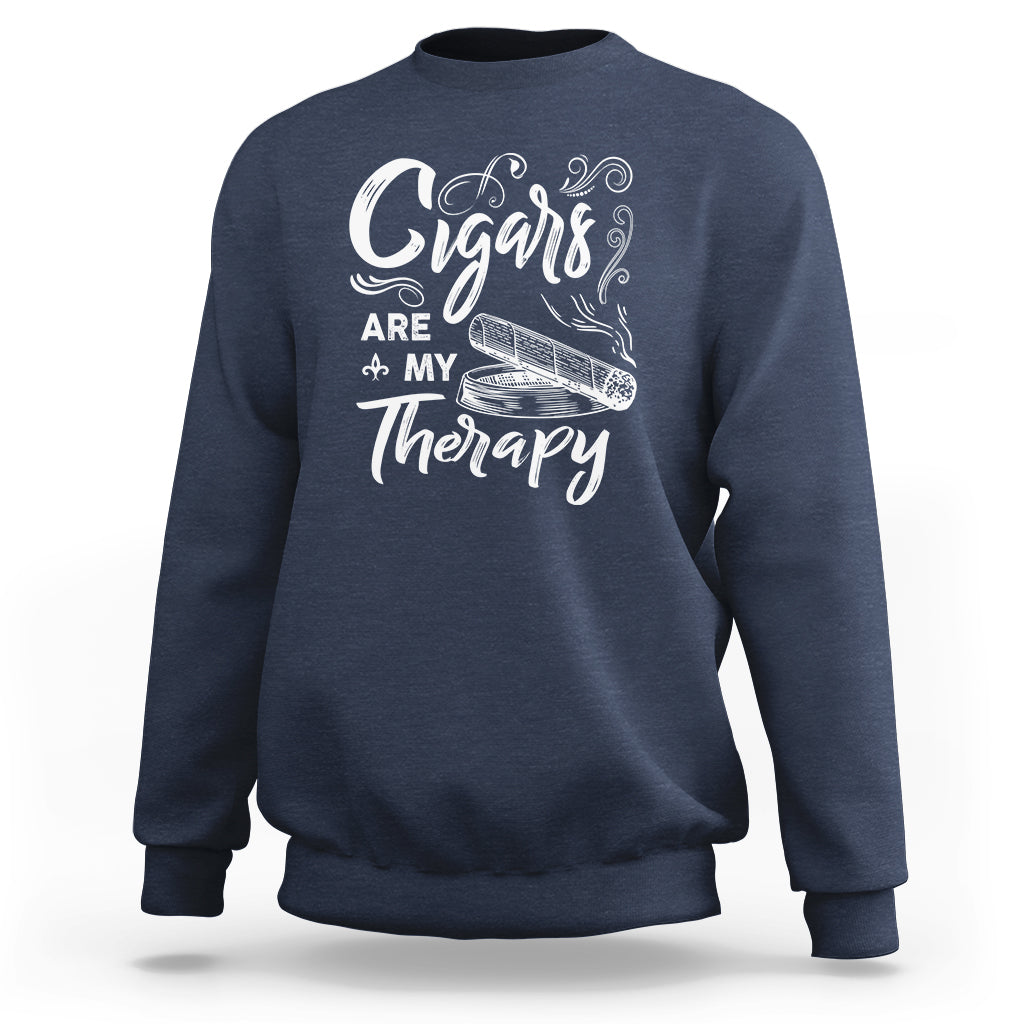 Navy sweatshirt with white cigar slogan graphic on chest