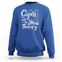 Blue sweatshirt with white "Cigars are my Therapy" cigar graphic on chest