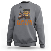 Gray sweatshirt with whiskey glass and cigars graphic; text 'I'll be in the backyard'.