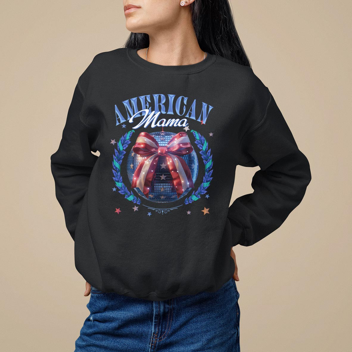 Black women's sweatshirt with “American Mama” patriotic wreath graphic