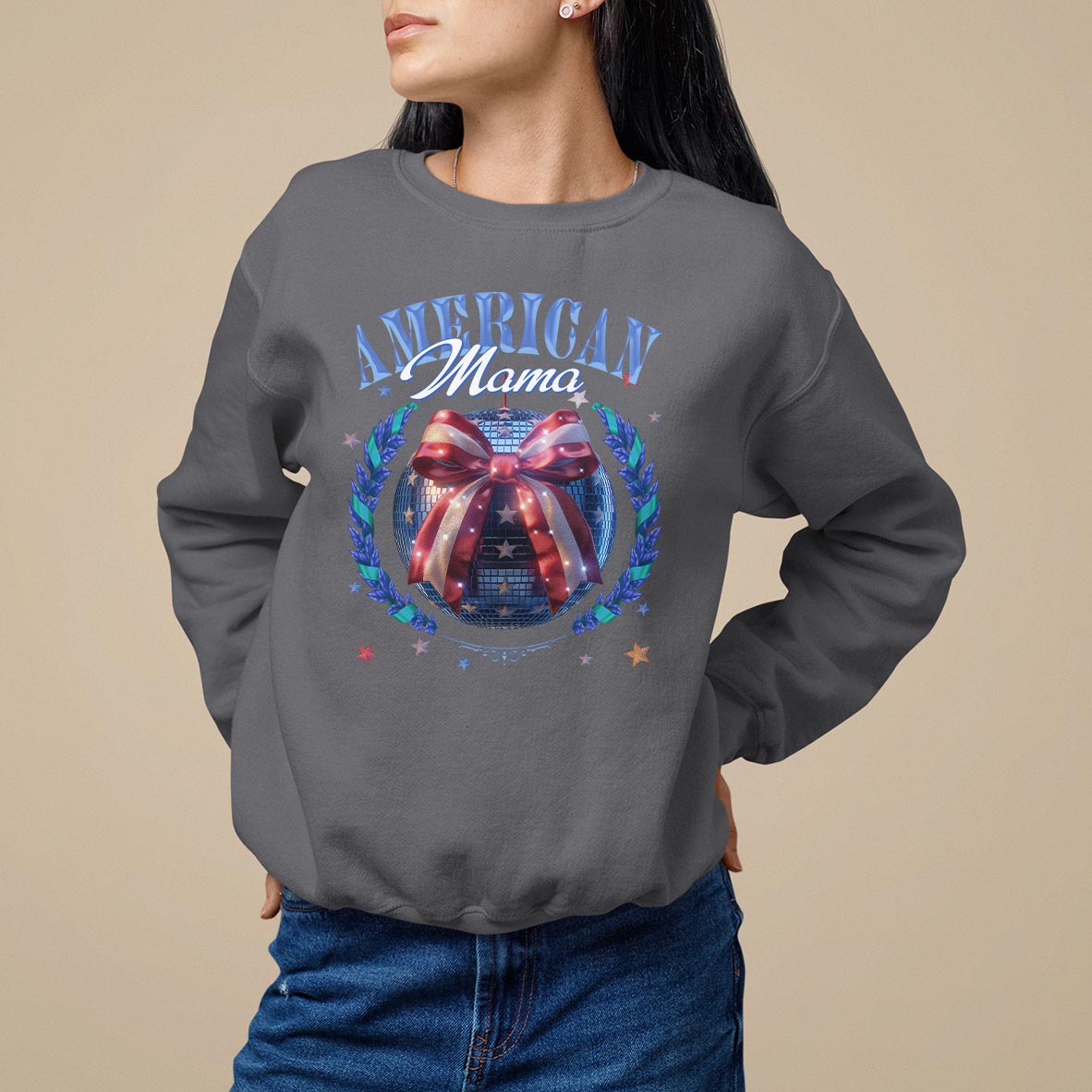 Charcoal women's sweatshirt with patriotic “American Mama” graphic and wreath