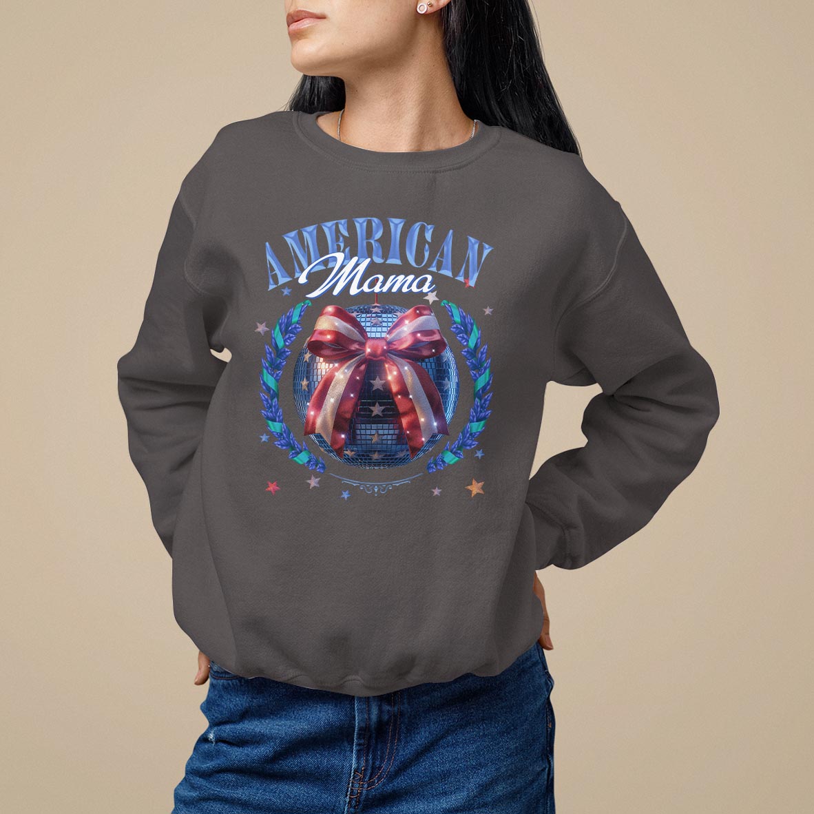 Dark chocolate women's sweatshirt with “American Mama” patriotic wreath graphic