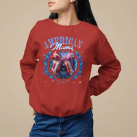 Red women's sweatshirt with “American Mama” patriotic wreath graphic