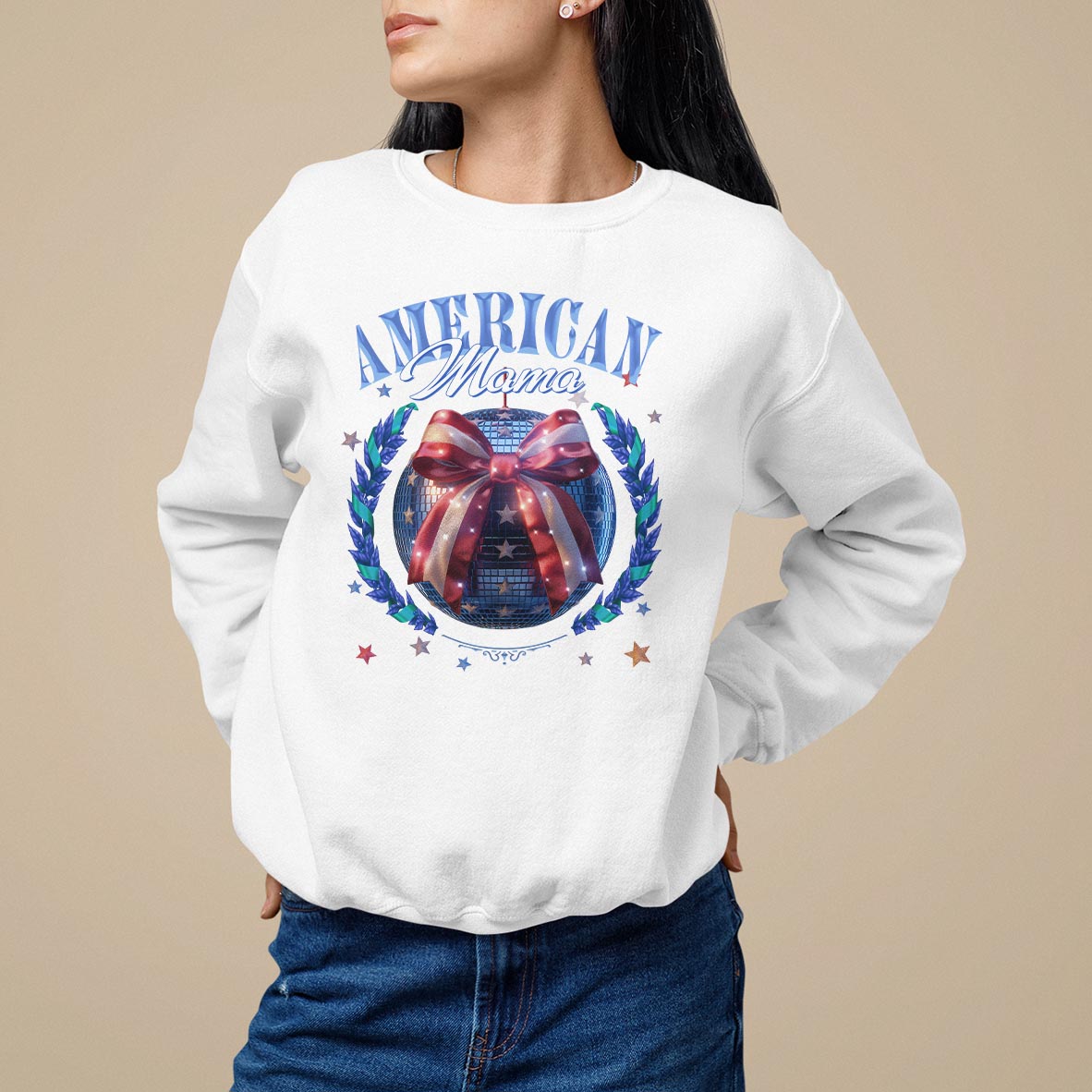 White women's sweatshirt with “American Mama” patriotic wreath graphic