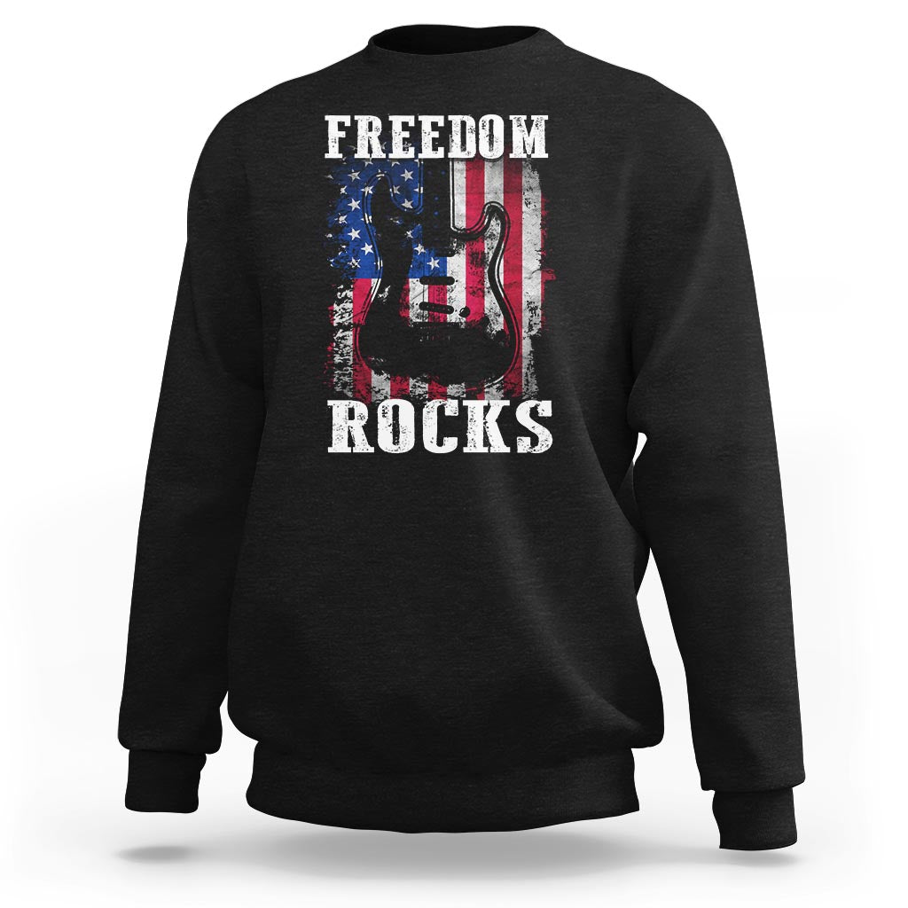 Black Freedom Rocks sweatshirt with American flag horseshoe and Freedom text graphic