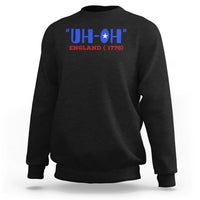 Black crewneck sweatshirt with 'UH-OH' England 1776 graphic, long sleeves