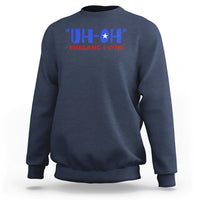 Navy crewneck sweatshirt with 'UH-OH' England 1776 graphic, long sleeves