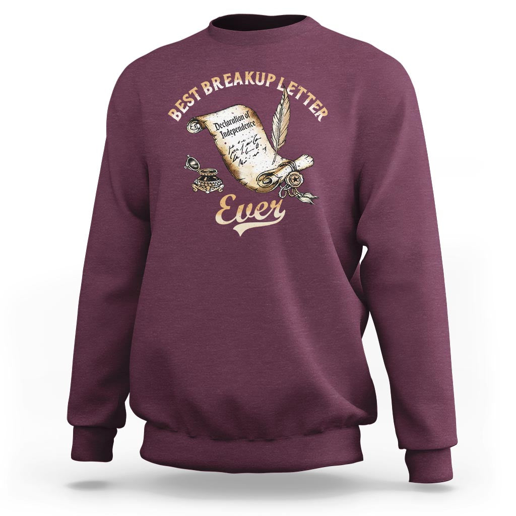 Maroon sweatshirt with “Best Breakup Letter Ever” graphic on chest